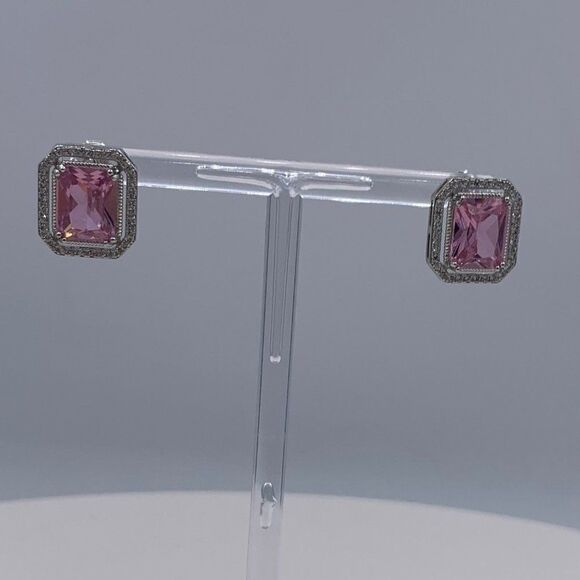 Topaz earrings, 925 sterling silver, pale pink, classic halo emerald cut. - Picture 8 of 16